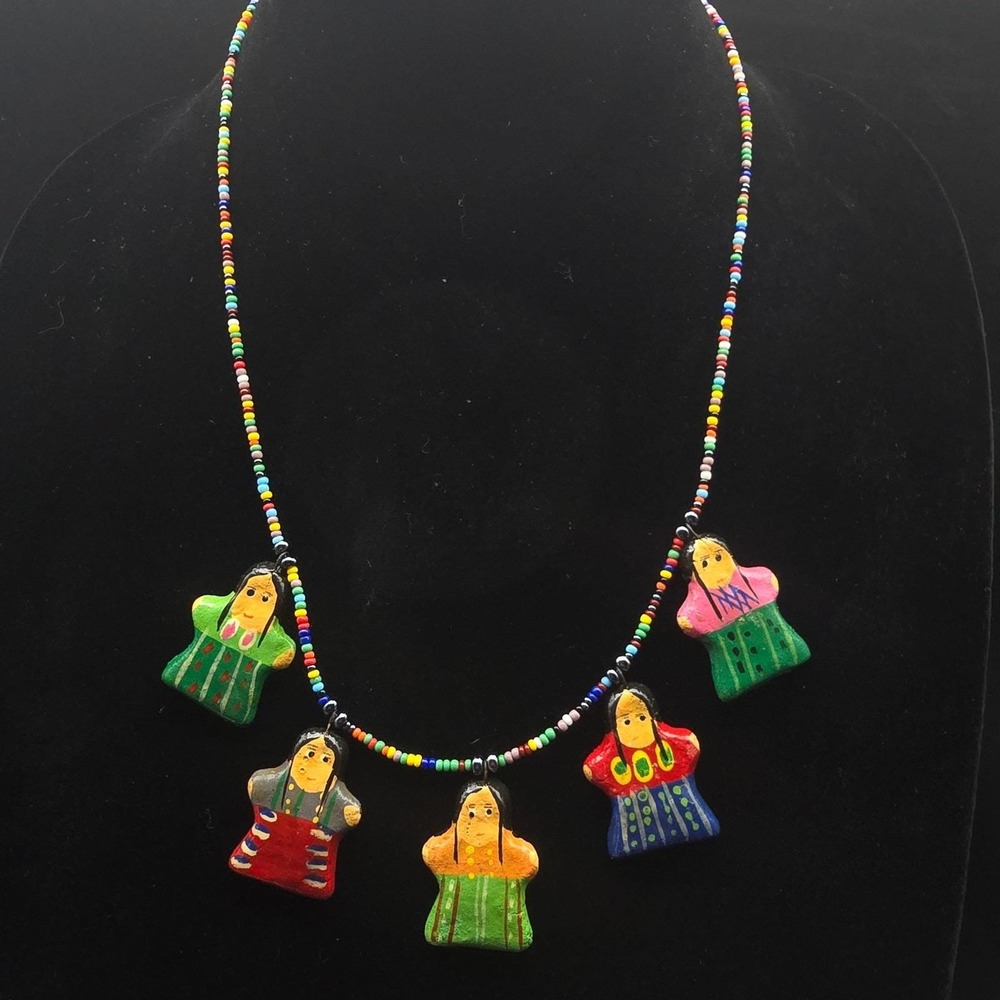 Artisan Folk Worry Doll Necklace Ceramic Clay Beaded Colorful